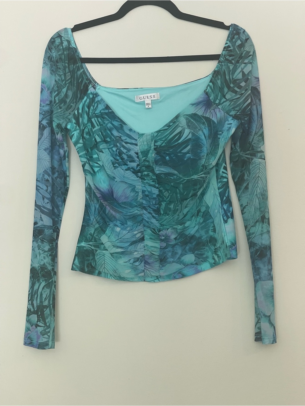 Guess MeshLong Sleeve Crop Top W/Tropical Pattern-Blue, Green, Teal, Purple Sz M